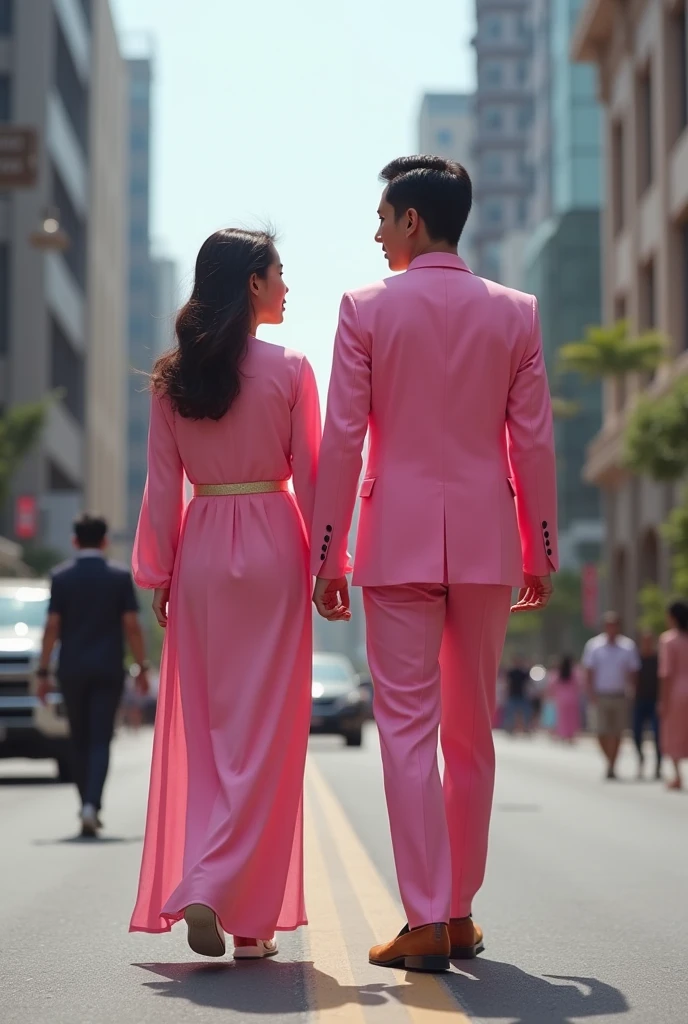 Alates walking on the street, a man and a woman, cute couple, bandeau, Shaxi, wearing long fluent clothes, Jia, man and woman walking together, wearing red cheongsam, pleasant, Cai Xukun, full body fairy, inspired by Ding Yunpeng, 🤬 🤮 💕 🎀 traditional Chinese clothing