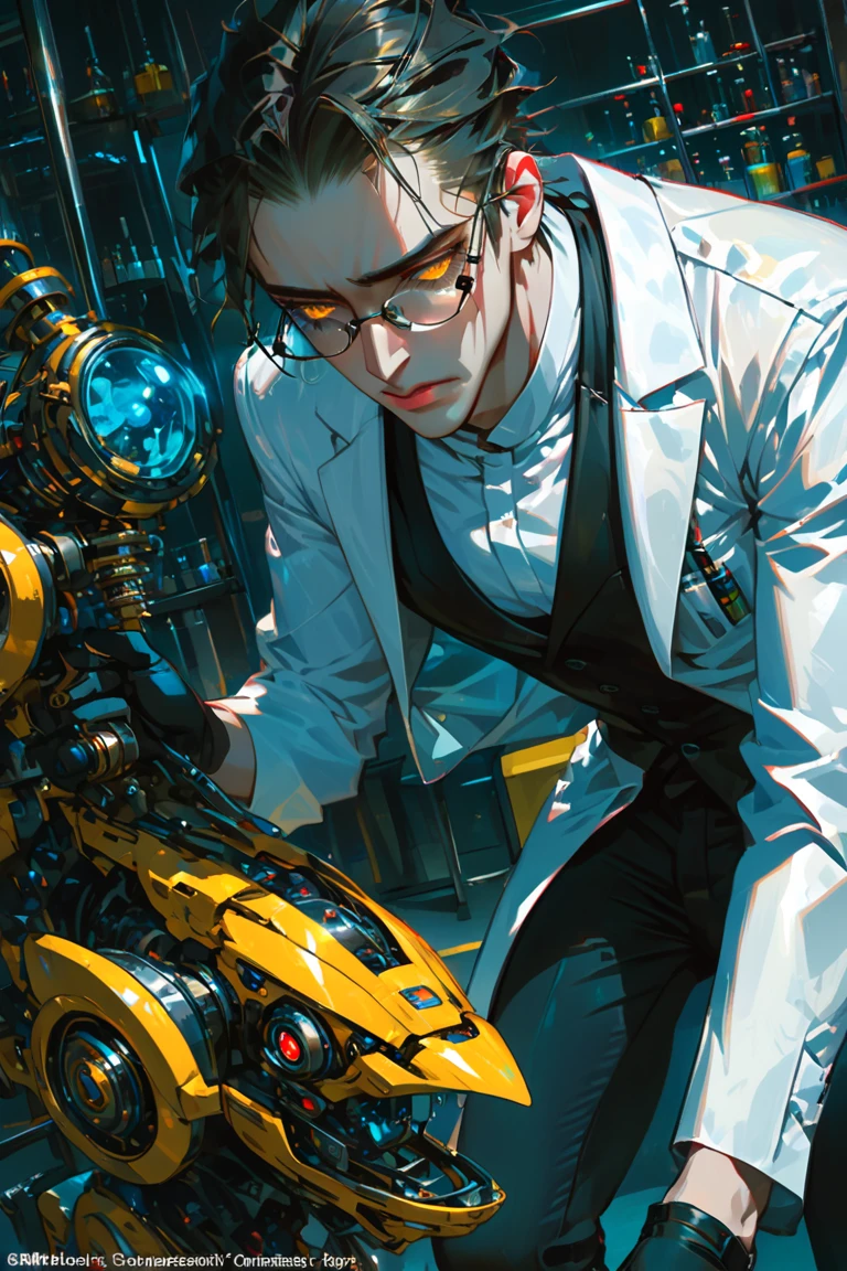 masterpiece, high_quality, distinct_image, laboratory, 1boy, scientist, chemist, Menhera, long_eyelashes, yellow_eyes, glowing_pupils, red_lips, thick_lips, compression_shirt, waistcoat, lowleg_pants, pumps, round_eyewear, latex_gloves, gradient_hair, medium_hair, swept_bangs, asymmetrical_bangs, white skin, lab coat, robot, male_focus, tears, sad face,