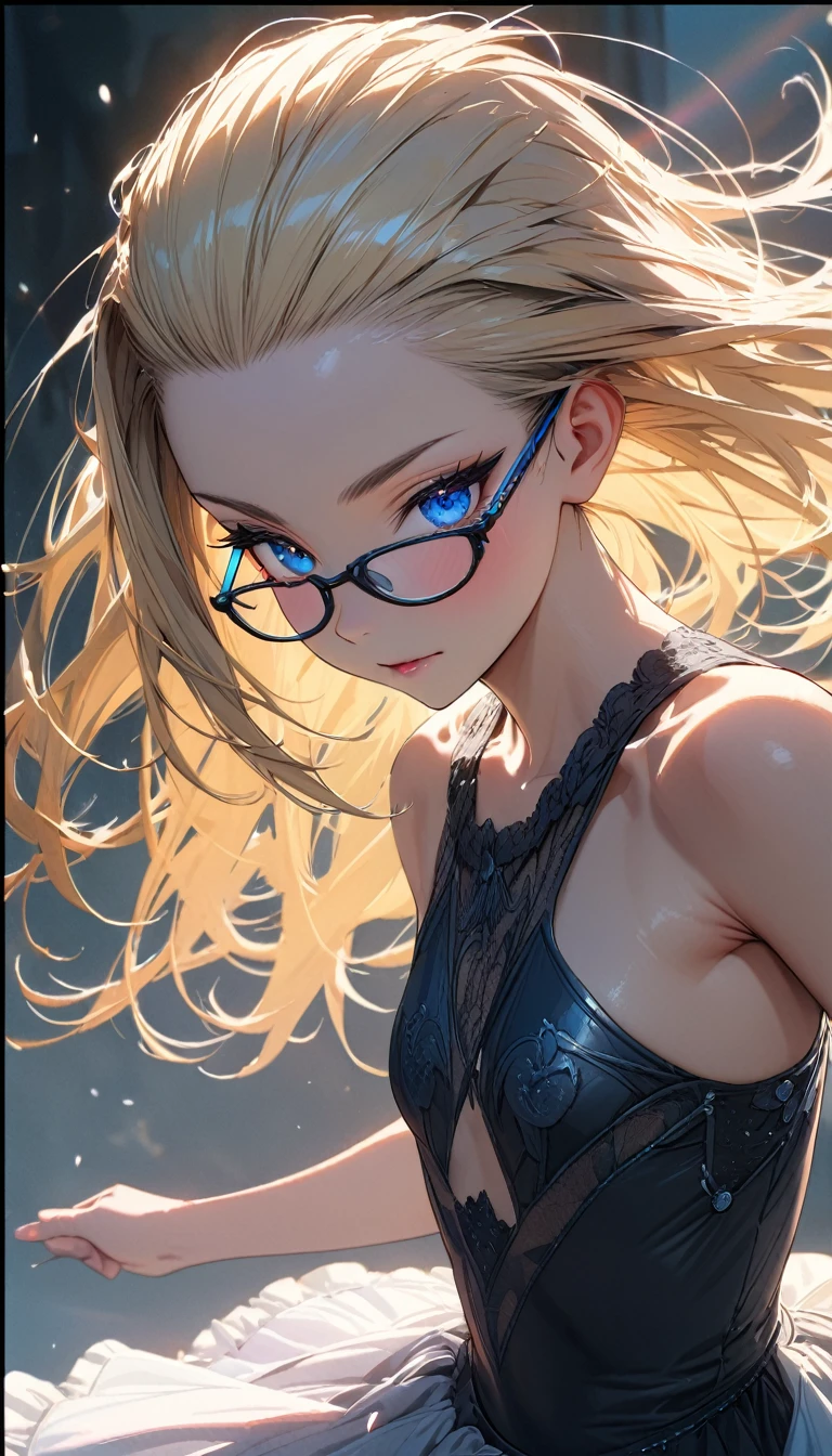 blonde ponytail glasses portrait style facing forward light blue overalls