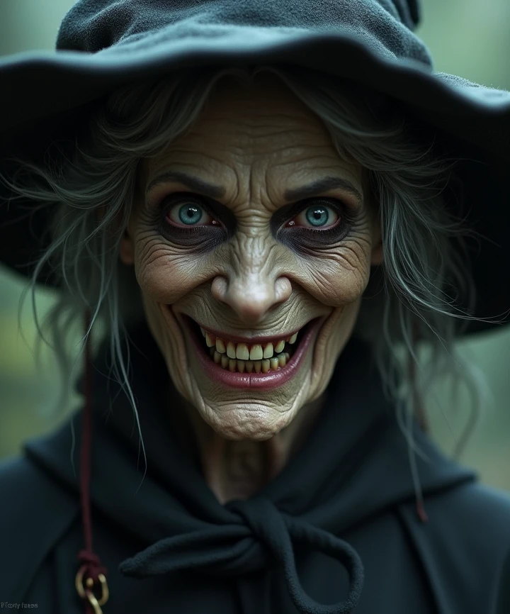 ((best quality)), ((masterpiece)), ((realistic)), (detailed), Very old frightening and scaring witch with scary eyes, (((accentuated big nose))), (((white hair))), witch hat, ((large breasts)), ((cleavage)), (((mad sky hallucination))), baroque maximalist, chibi by Artificial Nightmares, Tim Burton, detailed face, (((sharp eyes))), (((possessed look))), extremely detailed, photorealistic, highly detailed, organic, dynamic, ultra realistic, high definition, intricate details, crisp quality, (((old very wrinkled face))) with a (young sexy body), (((upper body shot))), shadow and light, ((scary face)), (((demented crazy smile))), (((SFW))), (((non nude))), dressed, cleavage,