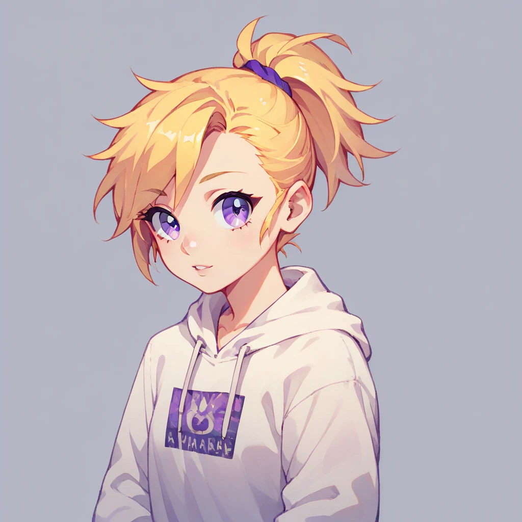 ((Highest Quality))), (Simple background), Solo, 1girl, Purple Eyes, Blonde Hair, split ponytail 