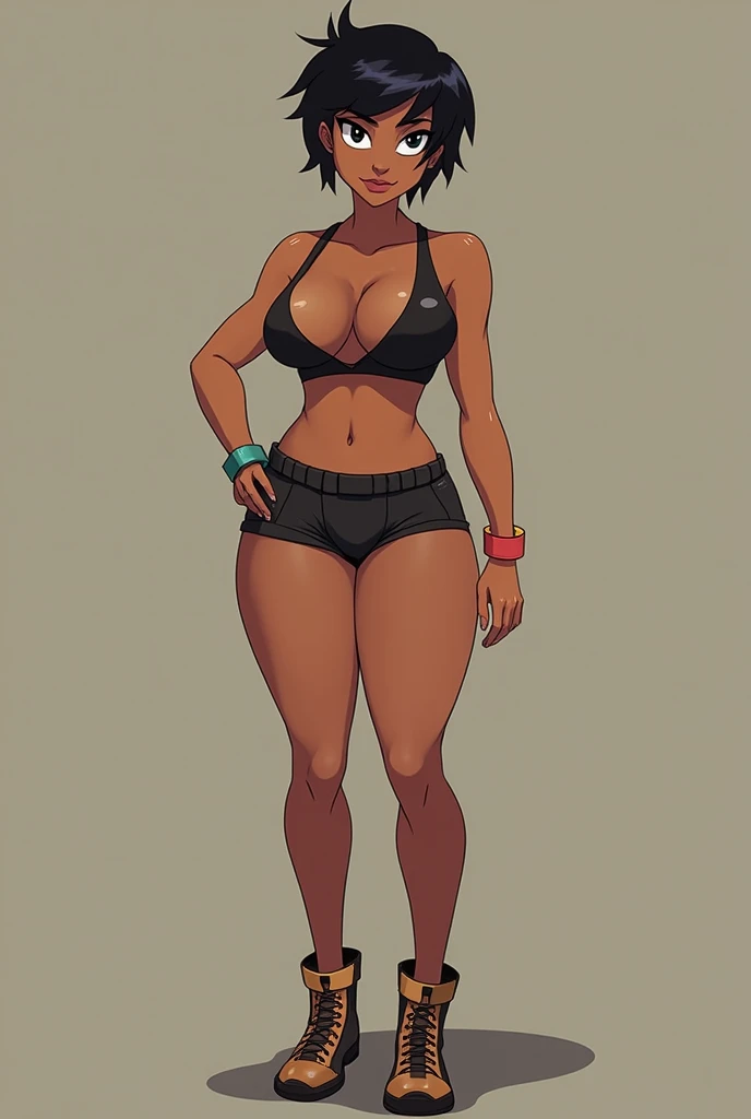 Masterpiece, best quality, Masterpiece, best quality, 1 woman, black skin , wavy black hair , green eyes , smile , sly face , black bikini , big breasts , abdomen , Long legs , Put your hands on your hips... , Barefoot , full body , white background