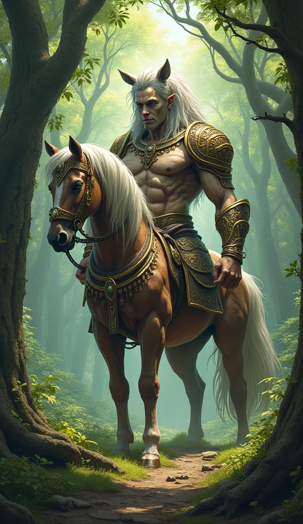 centaur, muscular human upper body, horse lower body, standing in an ancient ruin under a starry sky, soft magical light illuminating the scene, vines and ancient statues around, holding a spear, brave and wise expression, ethereal and fantastical
