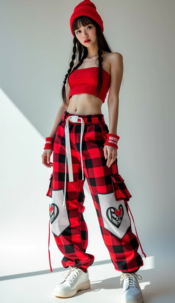 A very elegant young white Asian woman posing confidently in a vibrant urban outfit. She wears a bright red and black and white crop top paired with heart and sword drawn cargo pants with white mesh overlays. Her accessories include a matching red hat and wristbands, along with a long white belt that adds an edgy touch to her look. The ensemble is completed with white sneakers and her loose hair adds a dynamic touch to her modern urban aesthetic. The lighting is sharp and casts a strong shadow on the neutral background, emphasizing the bold colors and textures, bright red eyes.

((vibrant urban outfit)), ((bright red crop top)), ((plaid cargo pants)), ((white mesh overlays)), ((red beanie and wristbands)), ((long white belt) ), ((white sneakers)), ((braided hair)), ((sharp lighting)), ((strong shadow)), ((neutral background)) BREAK ((high resolution: 1.5)), (( best quality: 1.6) ), ((fashion photography:1.4)), ((streetwear aesthetics:1.3)).