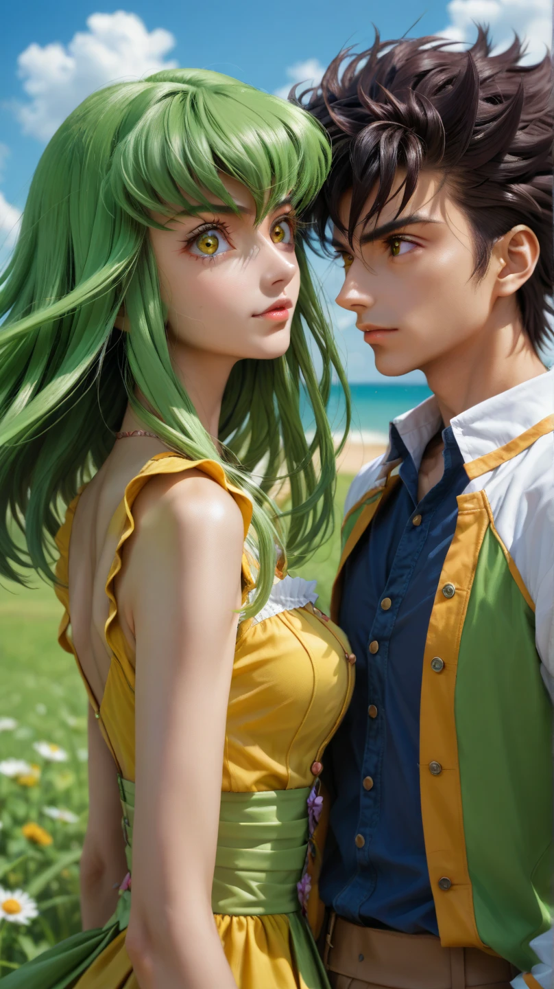 Anime couple ,Anime man ,lelouch lampeourge  ,short black hair,pruple eyes , summer outfit ,  with anime woman, CC, Code Geass, long green hair, yellow eyes,summer outfit  ,,دقة عالية, عمل رائع, دقيق, أفضل جودةزاوية واسعة للغاية,  ، لقطة بعيدة