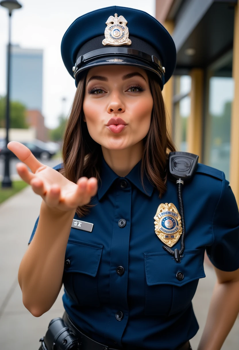 Woman, police uniform, pout, pouting expression, flying kiss, blowing her palm, flying kiss