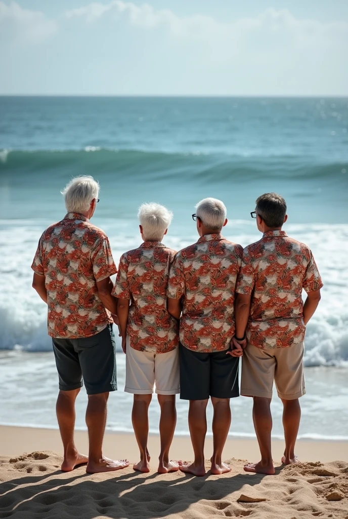 2 vietnamese grandfathers with gray hair, mature face, a thick mustache, a short chin beard, bear body, wearing a massive bulging gray jockstraps standing at the beach, have belly, big muscular chest, a sexy pose.