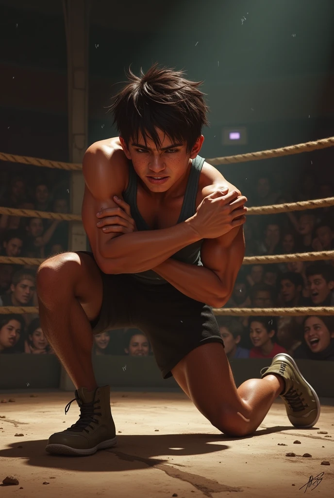 ((Best Quality)), ((Masterpiece)), (detailed, ((anime)) a 15 year old anime protagonist standing with a tired look but showing determination and a small red aura emanating from around his fists, and that he is in a position to give another blow with his fists, while around the protagonist there is destruction.