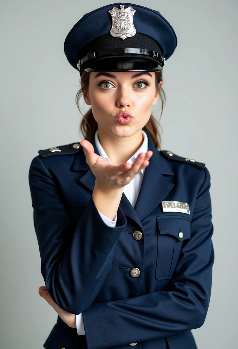 
Woman, police uniform, pout, pouting expression, blowing palm, blowing kiss