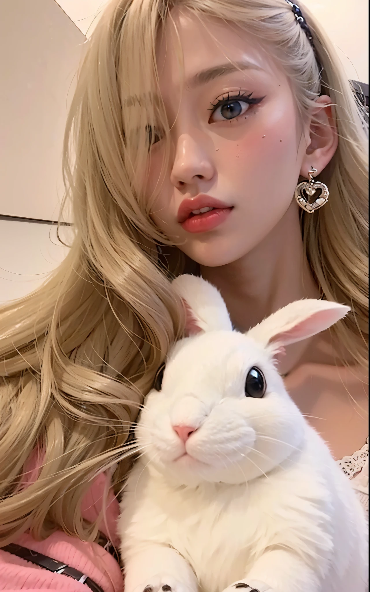 Blond haired woman holding a stuffed bunny in her hands, ava max, Retrato de Kim Petras, extremely pale blond hair, Ellie Bamber Fada, ultrarrealista doce coelhinho , linda Delphine, Amouranth, com orelhas de coelho, longos cabelos loiros e olhos grandes, meninaita de cabelos brancos, coelhinho menina, com cabelos loiros, very very pale blond hair