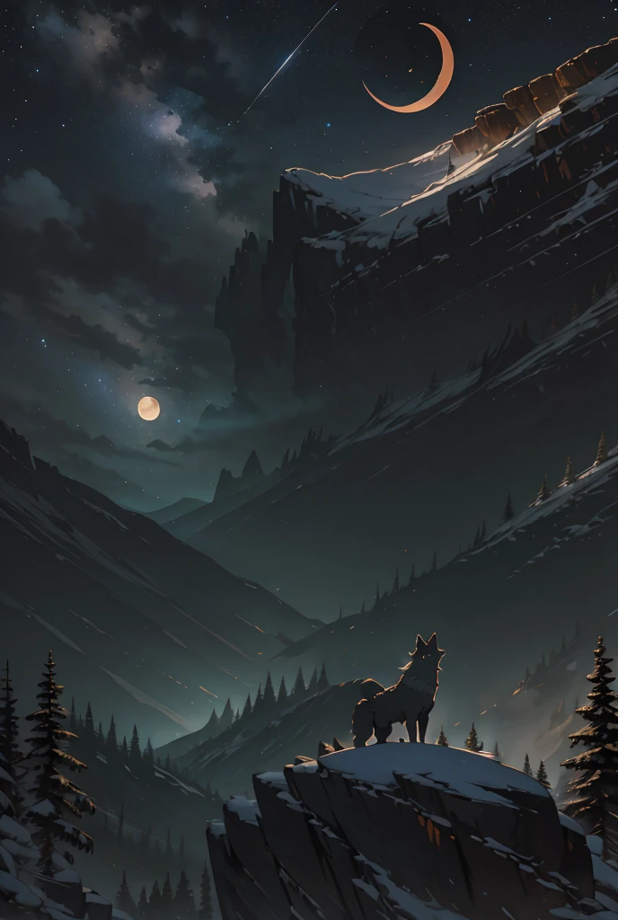 "A howling wolf silhouette on a rocky outcrop, surrounded by dense pine trees and a crescent moon in the starry night sky."