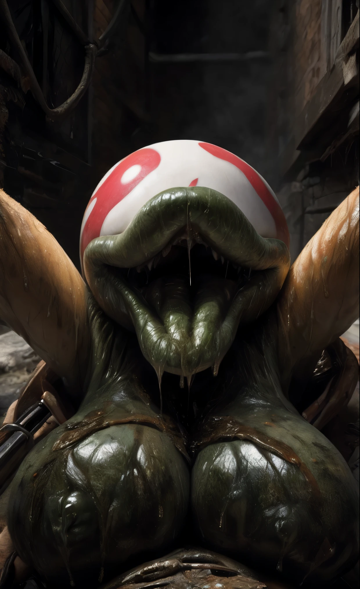 nsfw, Android 18, rope bondage, gagged, arms behind back, bound arms, bound wrists, naked, huge breasts, big ass, in basement, embarrassed, sweating, groped by goblin