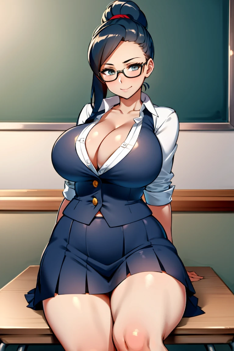 Sexy teacher in a classroom giving lessons,with glasses and her hair tied back,very pretty,pointing at the stone and teaching mathematics, school uniform tight and fitted to her voluptuous body,short skirt and cleavage visible,students seated in their seats,friendly teacher,students studying with a book,