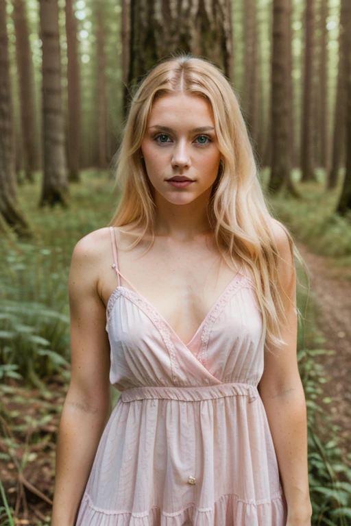 Master professional photography, Beautiful woman in pink dress,blondie hair, looking straight ahead,  extreme textures and details, full body portrait shot, background of a forest with castle, 