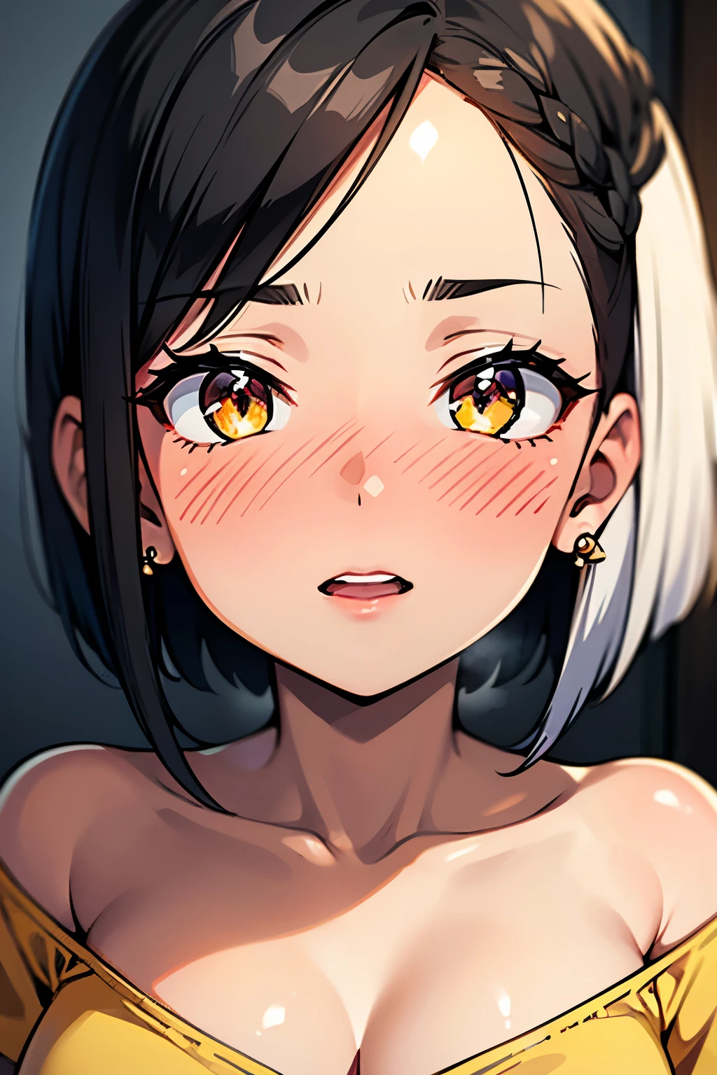 High Resolution, Accurate, Anatomically Correct, Best Quality, Detail, HD, High Details, High Quality, Super Detailed, Textured Skin, Short Hair, Black Hair, Braid, Breasts, Earrings, Blush, Parted Lips, Makeup, Nose Blush, Heavy Breathing, Light Blush, Glint, Full-face Blush, Red Lips, Sparkling Eyes, Sigh, Half-Closed Eyes, Long Eyelashes, Amber Eyes, Close-Up, Depth Of Field, Oversized Off-Shoulder Yellow T-Shirt, Red Short Shorts