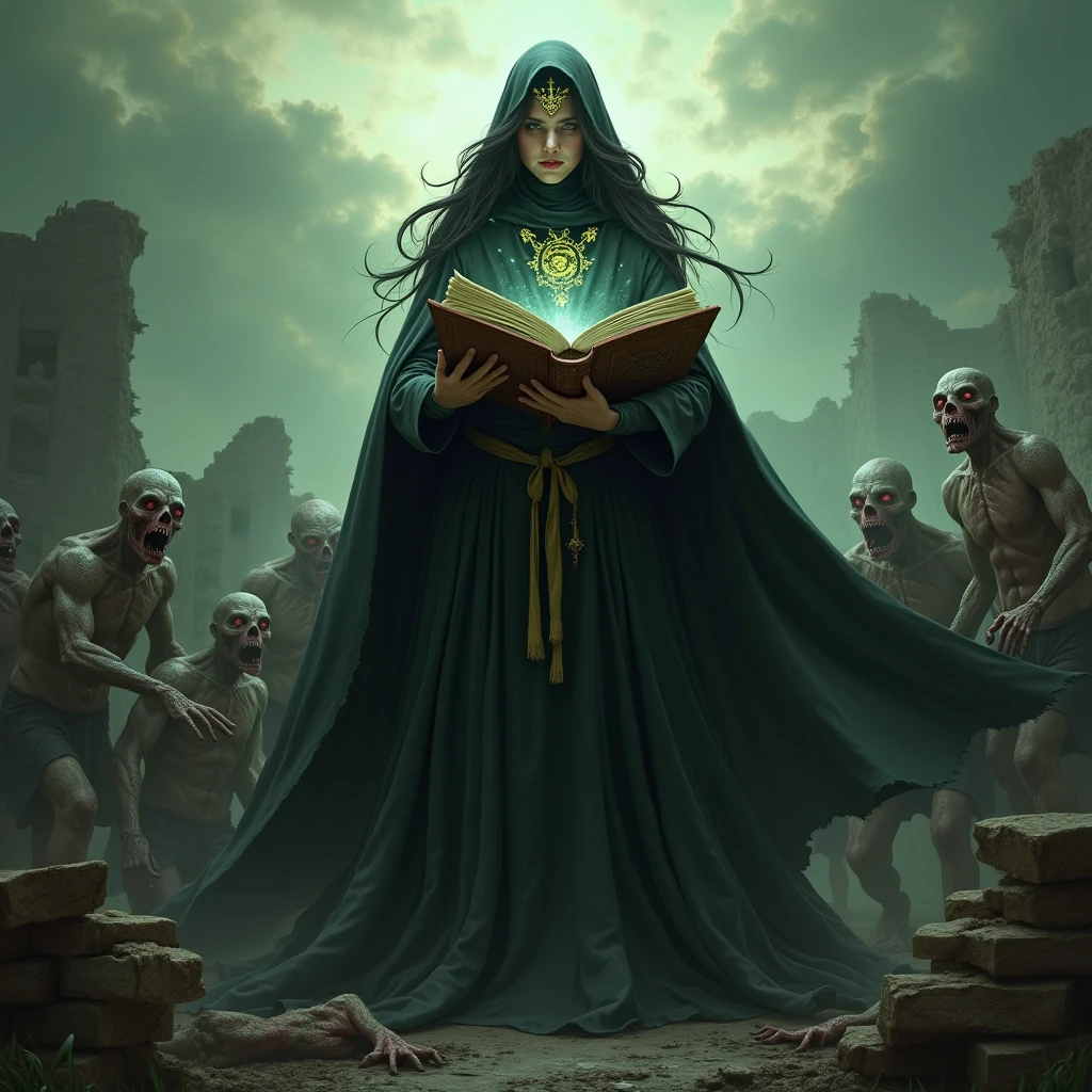 As the final confrontation unfolds, the true nature of the witch is revealed. In the heart of the fortress, Vortex and Raven confront the witch. She is a tall, menacing figure cloaked in a long, dark robe with arcane symbols that shimmer ominously. Her wild silver hair frames a face illuminated by the sinister glow of her emerald green eyes. She wields a dark staff topped with a malevolent crystal that pulses with dark energy. The witch's malevolent grin reveals her deceit as she taunts the heroes, the room filled with swirling dark magic and an oppressive atmosphere. The tension is palpable as Vortex and Raven brace themselves for the final battle.