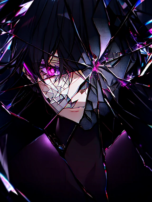 (female_face) anime girl, black hair, purple eyes ,looking through broken glass, shattered glass, broken glass, long haired, black hair, void,  black hair, cracked, shattered , angry expression