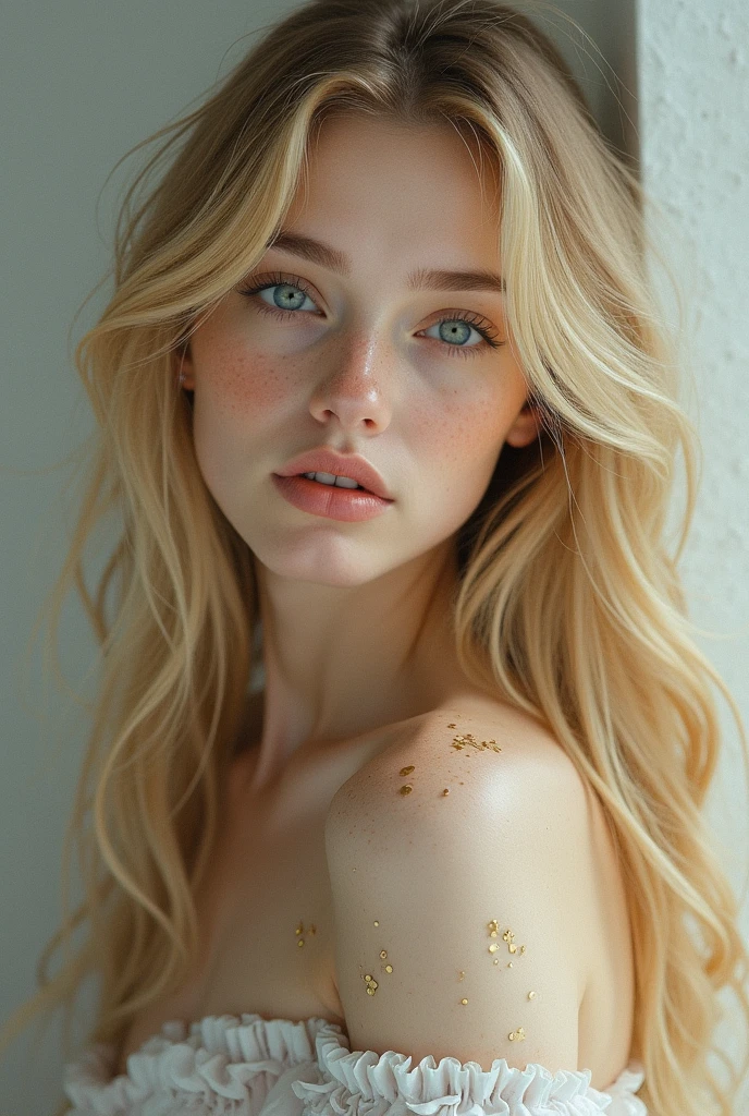 mulher, sexy, 25 anos, pale skin and freckles, olhos cinzas, nariz delicado, soft and delicate lips, longo, cabelo blondie longo e ondulado na altura da cintura, sorriso meigo, face with delicate feminine facial features, altamente renderizado, Big breasts 