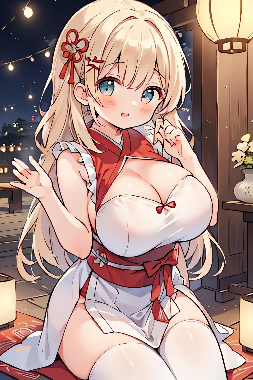 Best quality, high resolution, detailed background, (detailed eyes: 1.2), teenage girl, (highly detailed face: 1.4), (huge breasts: 1.3),
A cheerful and lively scene of a traditional Japanese festival, featuring a beautiful shrine maiden performing a playful 'pafu-pafu' gesture with decorative fans, surrounded by colorful lanterns and festival stalls in the background. The setting includes a vibrant evening atmosphere, detailed traditional clothing, intricate patterns, and glowing lanterns, emphasizing a joyful and culturally rich moment.Emphasizing breasts, emphasizing cleavage, sleeveless, showing armpits, sexual expression, blushing, sexy,(breasts with both hands:1.5),cute