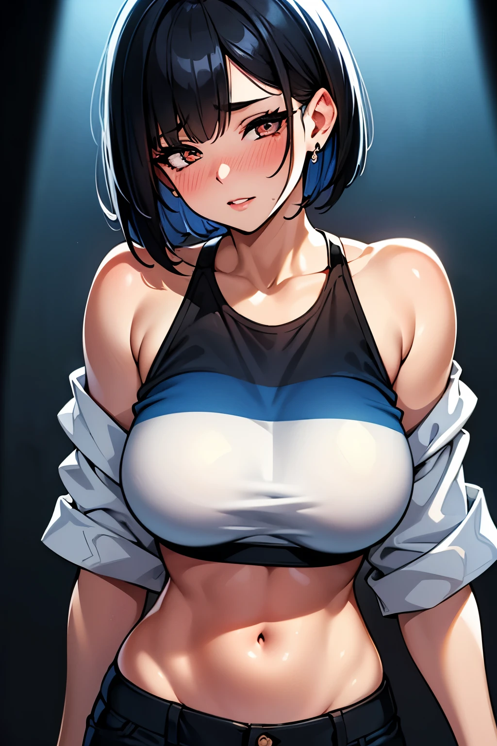 High Resolution, Accurate, Anatomically Correct, Best Quality, Detail, HD, High Details, High Quality, Super Detailed, Textured Skin, Short Hair, Black Hair, Bob Cut, Breasts, Earrings, Blush, Parted Lips, Makeup, Nose Blush, Heavy Breathing, Light Blush, Glint, Full-face Blush, Red Lips, Sparkling Eyes, Sigh, Half-Closed Eyes, Long Eyelashes, Amber Eyes, Close-Up, Depth Of Field, Oversized Off-Shoulder Blue And White Striped T-Shirt, Blue Short Shorts