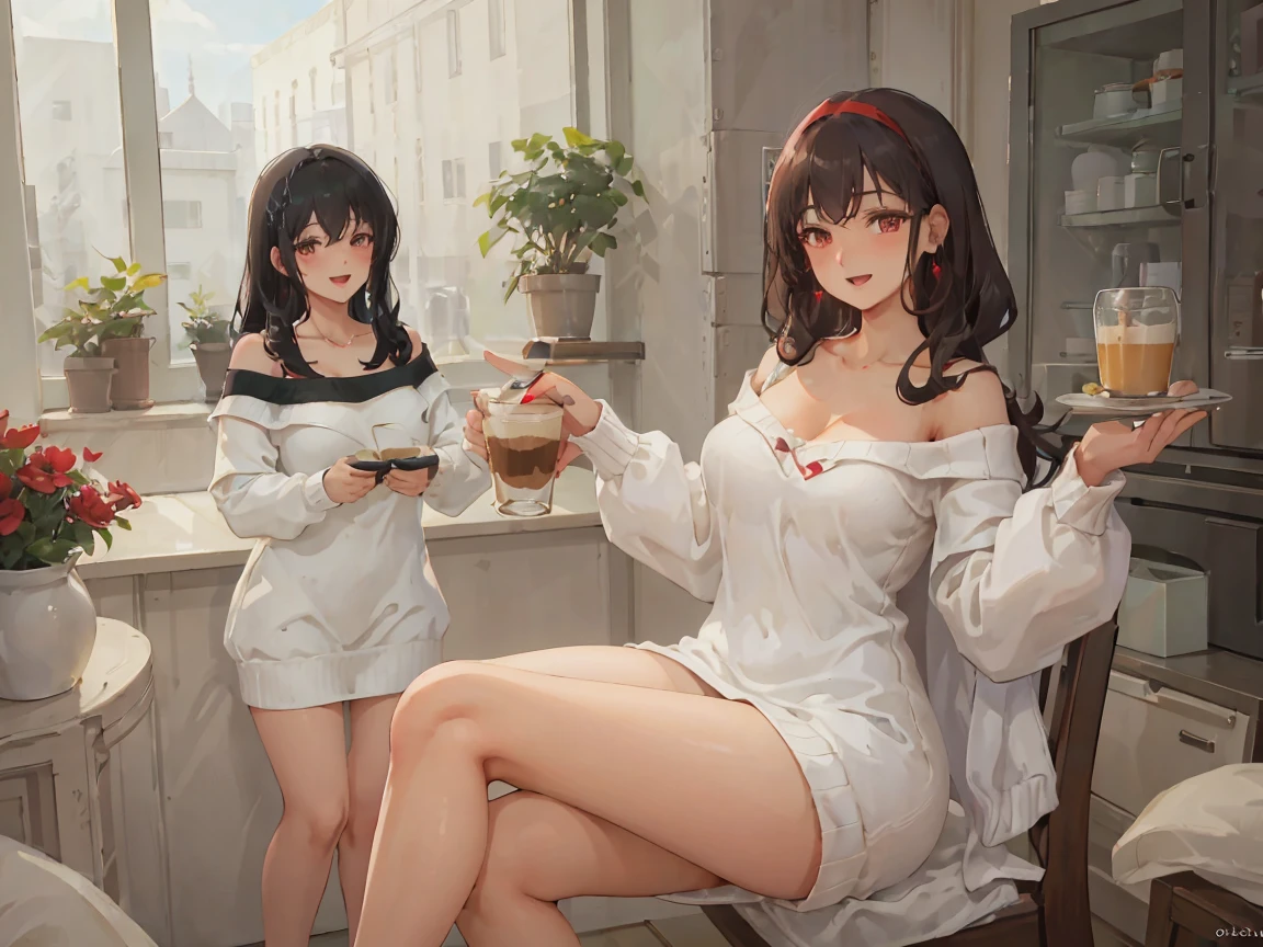  masterpiece, 1girl, Amazing Cleavage:1.3, thin waist, big ass, Raised sexy, medium breast:1.3,posed cleavage:1.2,solo, looking at viewer, open mouth, have a cup of coffee,black hair, red eyes, dress, bare shoulders, jewelry, collarbone, sidelocks, hairband, earrings, indoors, off shoulder, :o, sweater, arms behind back, plant, short hair with long locks, white hairband, off-shoulder dress, sweater dress, off-shoulder sweater, red sweater, big side hair, very long side hair,is rendered in (masterpiece: 1.2, best quality), with (ultra high resolution) and an exquisite (depth of field). This masterpiece is not only visually stunning but also tells, make of cooking some cakes ,in the kitchen,smile,seductive weak smiling,(with sparkling eyes and a contagious smile),open mouth, Looking at Viewer, 