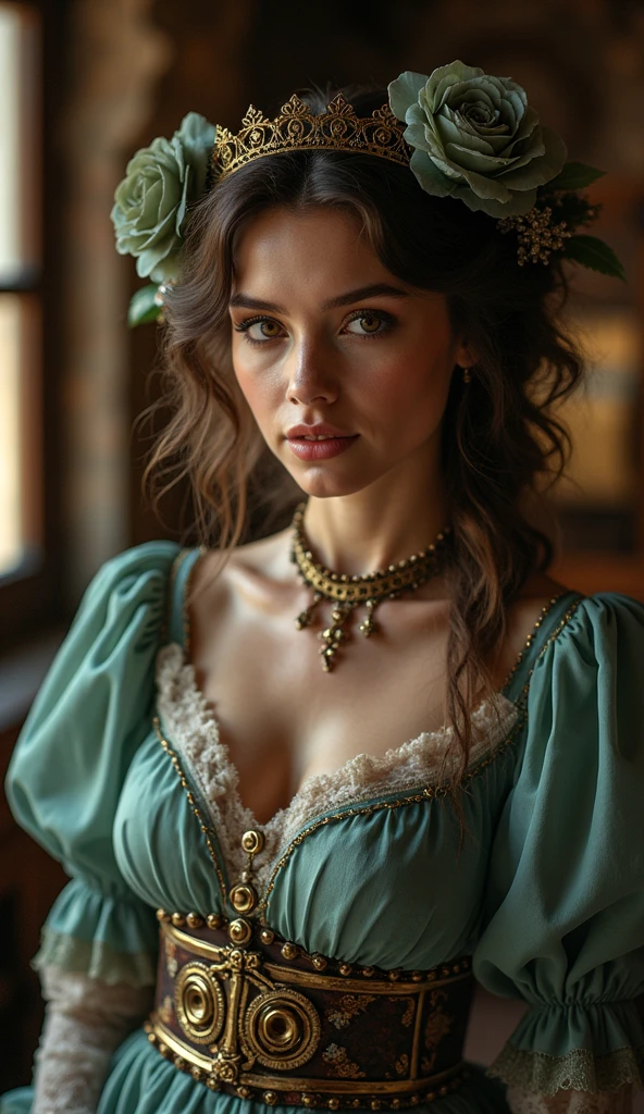 photography with an emphasis on the front of the mechanism ,, beautiful девушка-богиня в сияющем платье от лучших кутюрье перед трапом на посадку на гибрид паровоза и парохода пришвартованного к водному пирсу, glamour steampunk , Middle Ages, cinematic, spectacular lighting , realistic фотография, professional photography , realistic, beautiful, Aesthetically pleasing, high definition , 4K, ISO 100, f/2.8, 1/250 p, 30mm lens, , Hyperrealism, 16:9