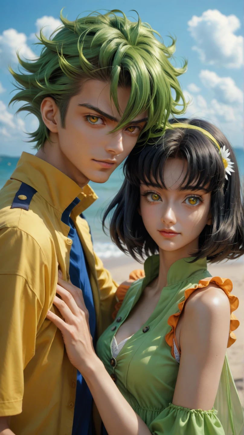 Anime couple ,Anime man ,lelouch lampeourge  ,short black hair,pruple eyes , summer outfit ,  with anime woman, CC, Code Geass, long green hair, yellow eyes,summer outfit  ,,دقة عالية, عمل رائع, دقيق, أفضل جودةزاوية واسعة للغاية,  ، لقطة بعيدة