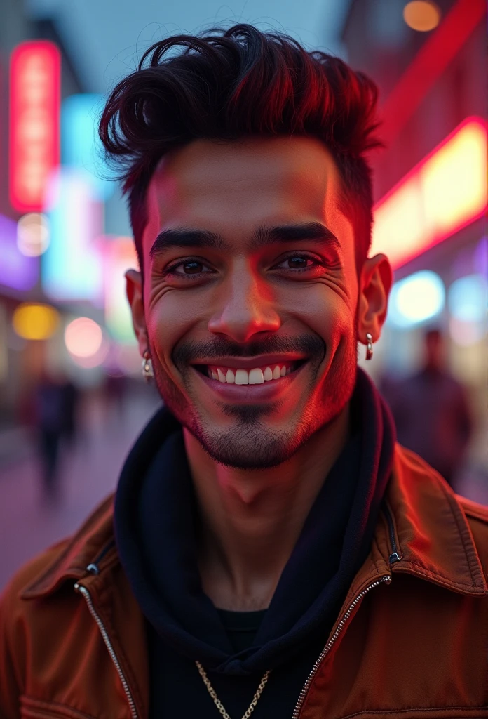 (vijay), a man with a beautiful detailed face, a charming smile, wearing trendy fashion, in a cheerful and positive mood, high quality detailed portrait, cinematic lighting, photorealistic, beautiful colors, vibrant