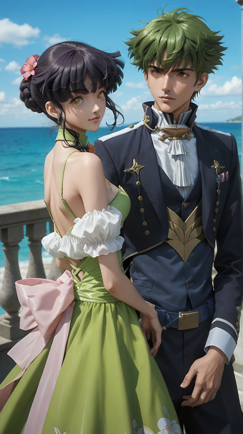 Anime couple ,Anime man ,lelouch lampeourge  ,short black hair,pruple eyes , summer outfit ,  with anime woman, CC, Code Geass, long green hair, yellow eyes,summer outfit  ,,دقة عالية, عمل رائع, دقيق, أفضل جودةزاوية واسعة للغاية,  ، لقطة بعيدة