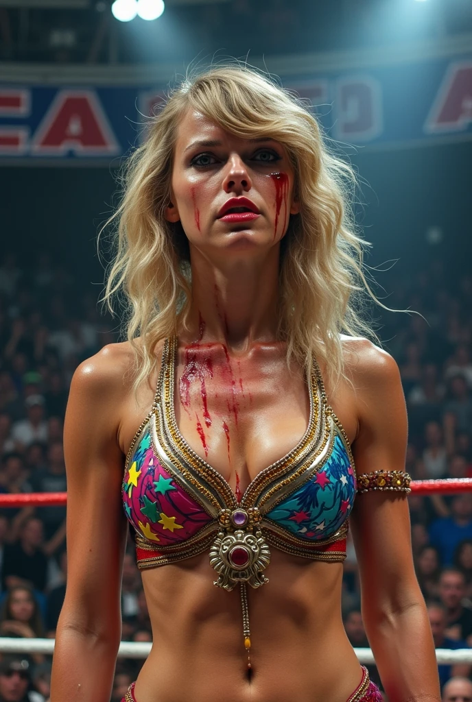 a beautiful young woman losing a brutal fight, long wavy blonde hair, large blue eyes, thin body, pink thong bikini, crying, (bloody nose), bruised, WWE