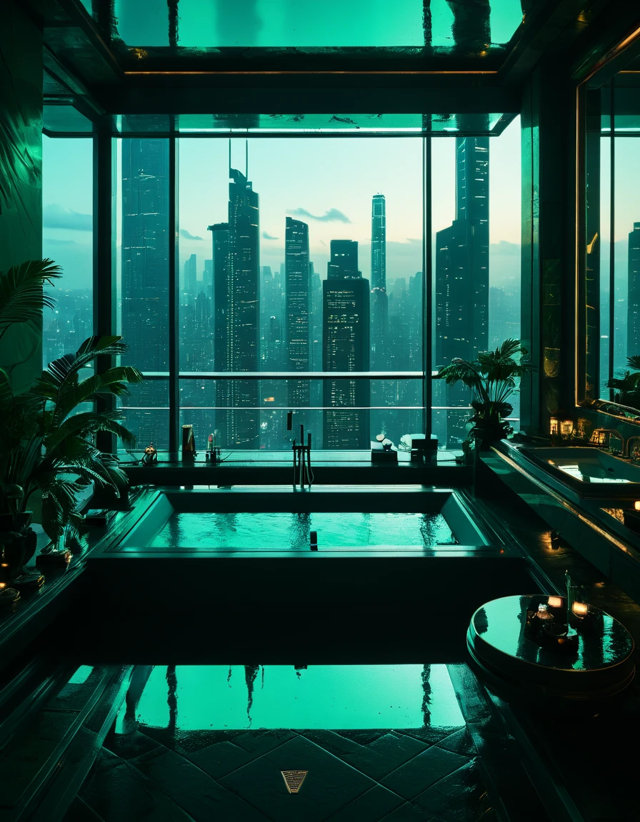  the bathroom has a bathtub with city views, extremely rich,  blade runner's apartment , ,  luxurious setting ,  in a tropical and dystopian city , penthouse , luxury,  blade runner vibes , Urban Jungle,  Blade Runner aesthetics , Perfect Maximalist Composition,  dramatic green lighting , rich, gotham setting 