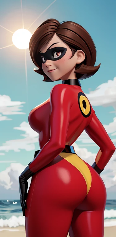 Helen Parr, 1 girl, brown hair, eyes browns, peace sign, uniforme incredible red, Tilt your head, cowboy shot, very big tits, (breasts marking), big-ass, beautiful curves, coxas nuas, nice legs, 正面, 1 girl, standing alone, gazing at viewer, all-body, pose, best quality, no flaws