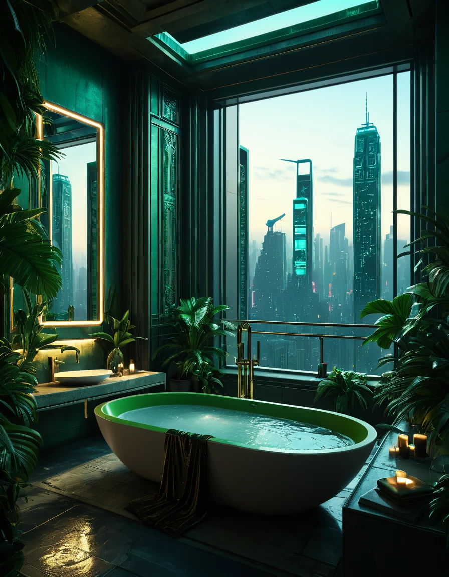  the bathroom has a bathtub with city views , extremely rich,  blade runner's apartment , ,  luxurious setting ,  in a tropical and dystopian city , penthouse , luxury,  blade runner vibes , Urban Jungle,  Blade Runner aesthetics , perfect maximalist composition ,  dramatic green lighting , rich,  gotham setting highly detailed environment, true  Realistic image , masterpiece,  artwork,  hyperrealistic , rendering ,  realistic physical rendering ,  Photorealistic rendering ,  highly detailed ,  high-quality render ,  architectural rendering ,  very realistic 3D render ,  Realistic image ,