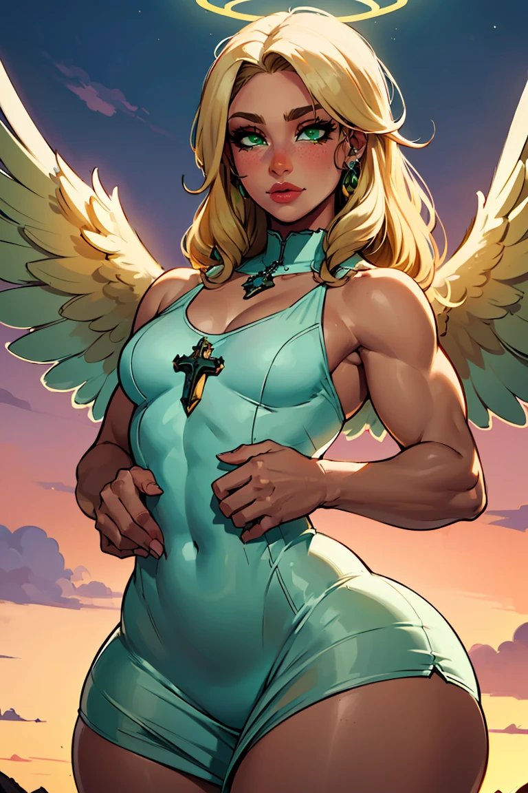 Angel femboy, long blonde hair, blue eyes, gigantic muscular body, erect penis with huge balls, halo, big angel wings, 4 arms, full body.