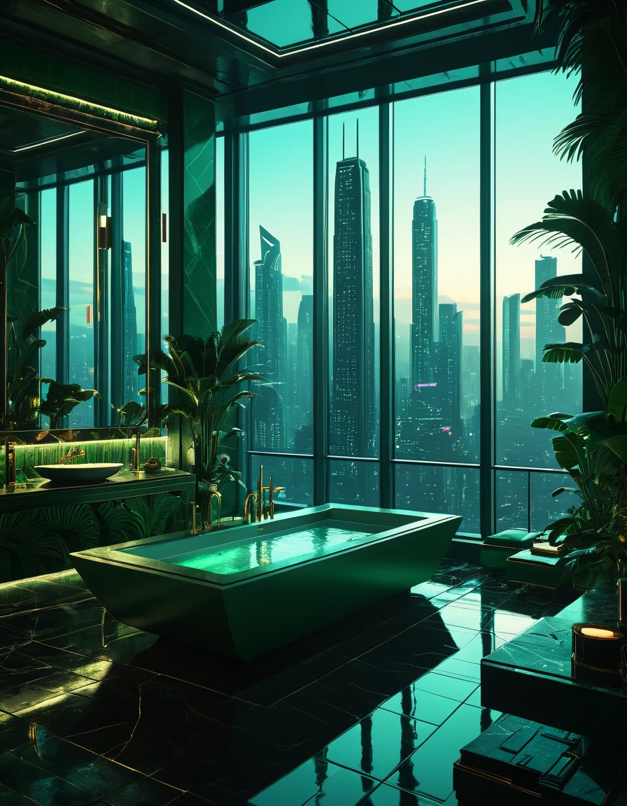 sketch the bathroom has a bathtub with city views, extremely rich,  blade runner's apartment , ,  luxurious setting ,  in a tropical and dystopian city , penthouse , luxury,  blade runner vibes , Urban Jungle,  Blade Runner aesthetics , perfect maximalist composition ,  dramatic green lighting , rich,  gotham setting highly detailed environment, true  Realistic image , masterpiece,  artwork,  hyperrealistic , rendering ,  realistic physical rendering ,  Photorealistic rendering ,  highly detailed ,  high-quality render ,  architectural rendering ,  very realistic 3D render ,  Realistic image ,