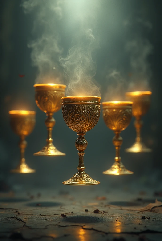 five chalices floating in the air. 8k realism they are gold The environment invokes a sense of sadness and despair. gold accents