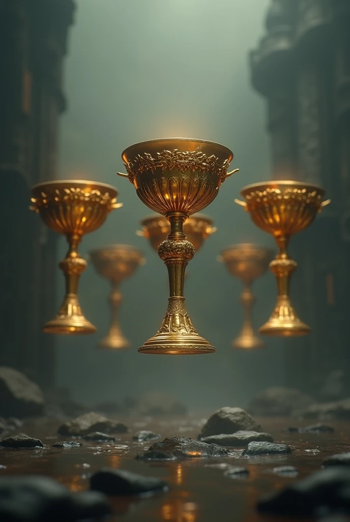 five chalices floating in the air. 8k realism they are gold The environment invokes a sense of sadness and despair. gold accents