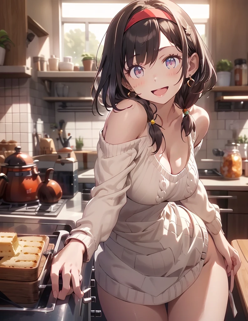 masterpiece, yor, 1girl, Bust A Cup, Amazing Cleavage:1.1, thin waist, big ass, Raised sexy, small breast: 1.1 posed cleavage:1.2、solo, looking at viewer, open mouth, have a cute grass of cute beergrass,black hair, dark green eyes, dress, bare shoulders, jewelry, collarbone, sidelocks, hairband, earrings, indoors, off shoulder, :o, sweater, arms behind back, plant, short hair with long locks, gild hairband, off-shoulder dress, sweater dress, off-shoulder sweater, red sweater, dark gord hair, big side hair, very long side hair,is rendered in (masterpiece: 1.2, best quality), with (ultra high resolution) and an exquisite (depth of field). This masterpiece is not only visually stunning but also tells,A scene of cooking in the kitchen