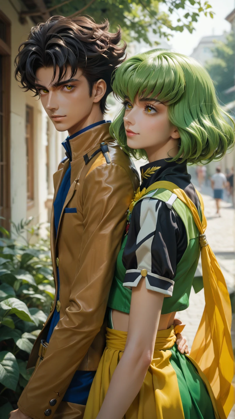 Anime couple ,Anime man ,lelouch lampeourge  ,short black hair,pruple eyes , summer outfit ,  with anime woman, CC, Code Geass, long green hair, yellow eyes,summer outfit  ,,دقة عالية, عمل رائع, دقيق, أفضل جودةزاوية واسعة للغاية,  ، لقطة بعيدة