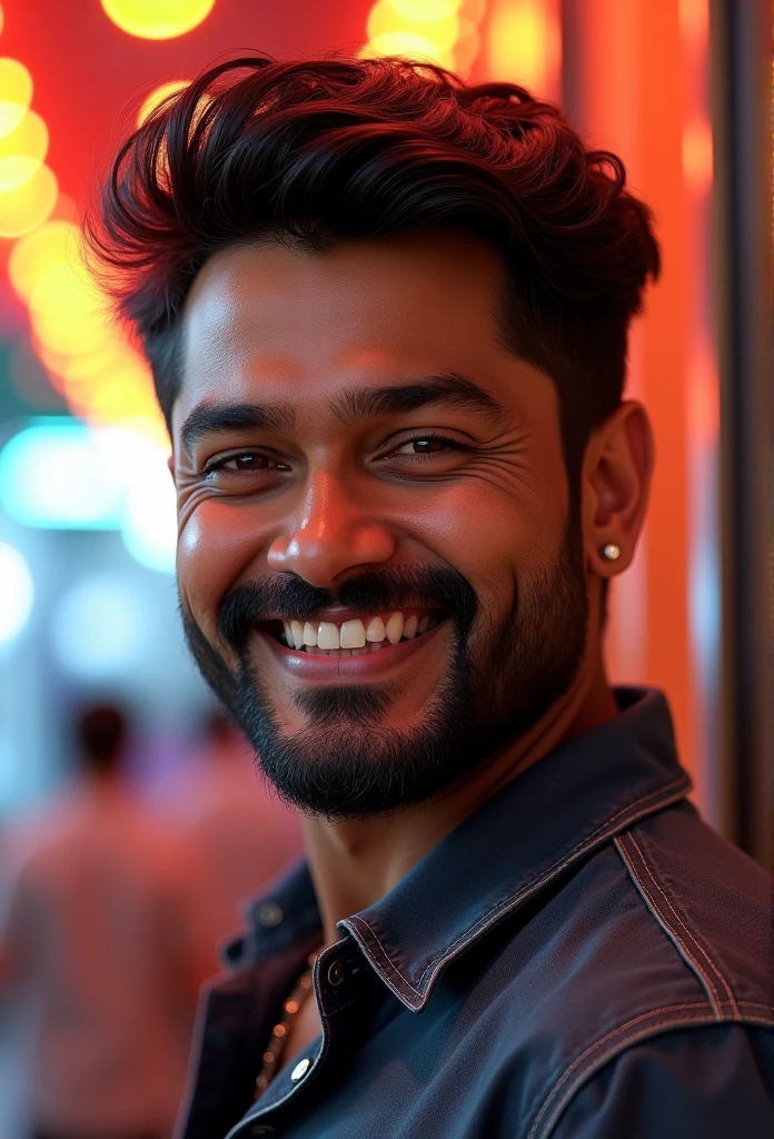 (actor vijay), a 1man with a beautiful detailed face, a charming smile, wearing trendy fashion, in a cheerful and positive mood, high quality detailed portrait, cinematic lighting, photorealistic, beautiful colors, vibrant
