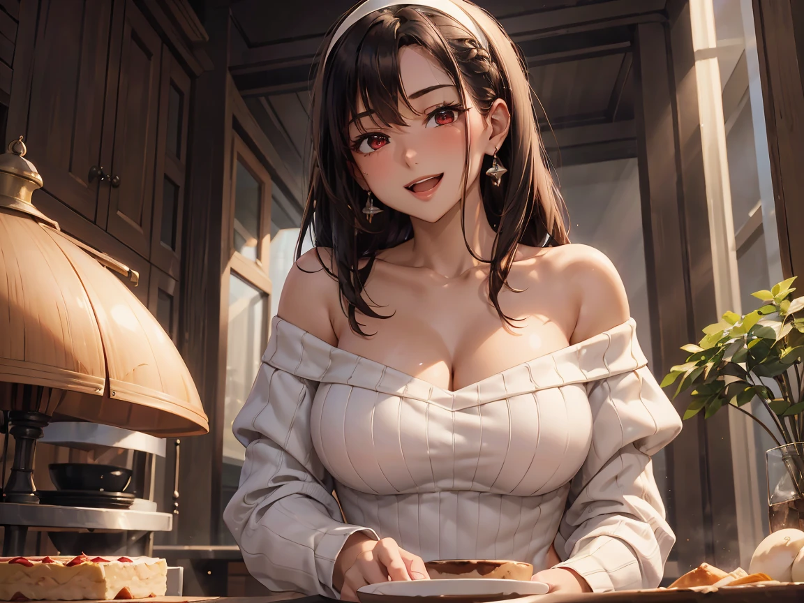  masterpiece, 1girl, Amazing Cleavage:1.3, thin waist, big ass, Raised sexy, medium breast:1.3,posed cleavage:1.2,solo, looking at viewer, open mouth, have a cup of coffee,black hair, red eyes, dress, bare shoulders, jewelry, collarbone, sidelocks, hairband, earrings, indoors, off shoulder, :o, sweater, arms behind back, plant, short hair with long locks, white hairband, off-shoulder dress, sweater dress, off-shoulder sweater, red sweater, big side hair, very long side hair,is rendered in (masterpiece: 1.2, best quality), with (ultra high resolution) and an exquisite (depth of field). This masterpiece is not only visually stunning but also tells, make of cooking some cakes ,in the kitchen,smile,seductive weak smiling,(with sparkling eyes and a contagious smile),open mouth, Looking at Viewer, 