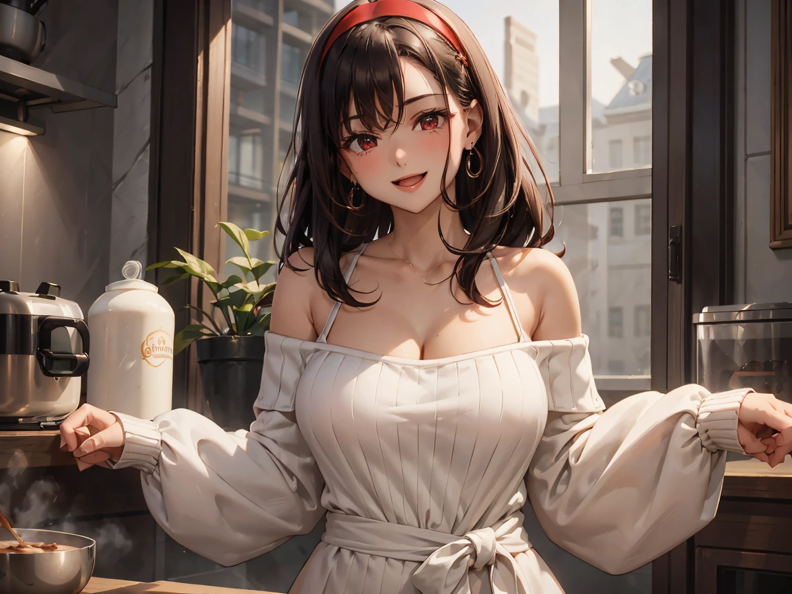  masterpiece, 1girl, Amazing Cleavage:1.3, thin waist, big ass, Raised sexy, medium breast:1.3,posed cleavage:1.2,solo, looking at viewer, open mouth, have a cup of coffee,black hair, red eyes, dress, bare shoulders, jewelry, collarbone, sidelocks, hairband, earrings, indoors, off shoulder, :o, sweater, arms behind back, plant, short hair with long locks, white hairband, off-shoulder dress, sweater dress, off-shoulder sweater, red sweater, big side hair, very long side hair,is rendered in (masterpiece: 1.2, best quality), with (ultra high resolution) and an exquisite (depth of field). This masterpiece is not only visually stunning but also tells, make of cooking some cakes ,in the kitchen,smile,seductive weak smiling,(with sparkling eyes and a contagious smile),open mouth, Looking at Viewer, 