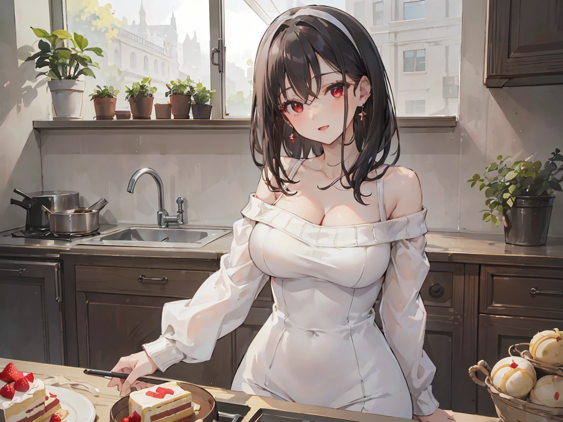  masterpiece, 1girl, Amazing Cleavage:1.3, thin waist, big ass, Raised sexy, medium breast:1.3,posed cleavage:1.2,solo, looking at viewer, open mouth, have a cup of coffee,black hair, red eyes, dress, bare shoulders, jewelry, collarbone, sidelocks, hairband, earrings, indoors, off shoulder, :o, sweater, arms behind back, plant, short hair with long locks, white hairband, off-shoulder dress, sweater dress, off-shoulder sweater, red sweater, big side hair, very long side hair,is rendered in (masterpiece: 1.2, best quality), with (ultra high resolution) and an exquisite (depth of field). This masterpiece is not only visually stunning but also tells, make of cooking some cakes ,in the kitchen,smile,seductive weak smiling,(with sparkling eyes and a contagious smile),open mouth, Looking at Viewer, 