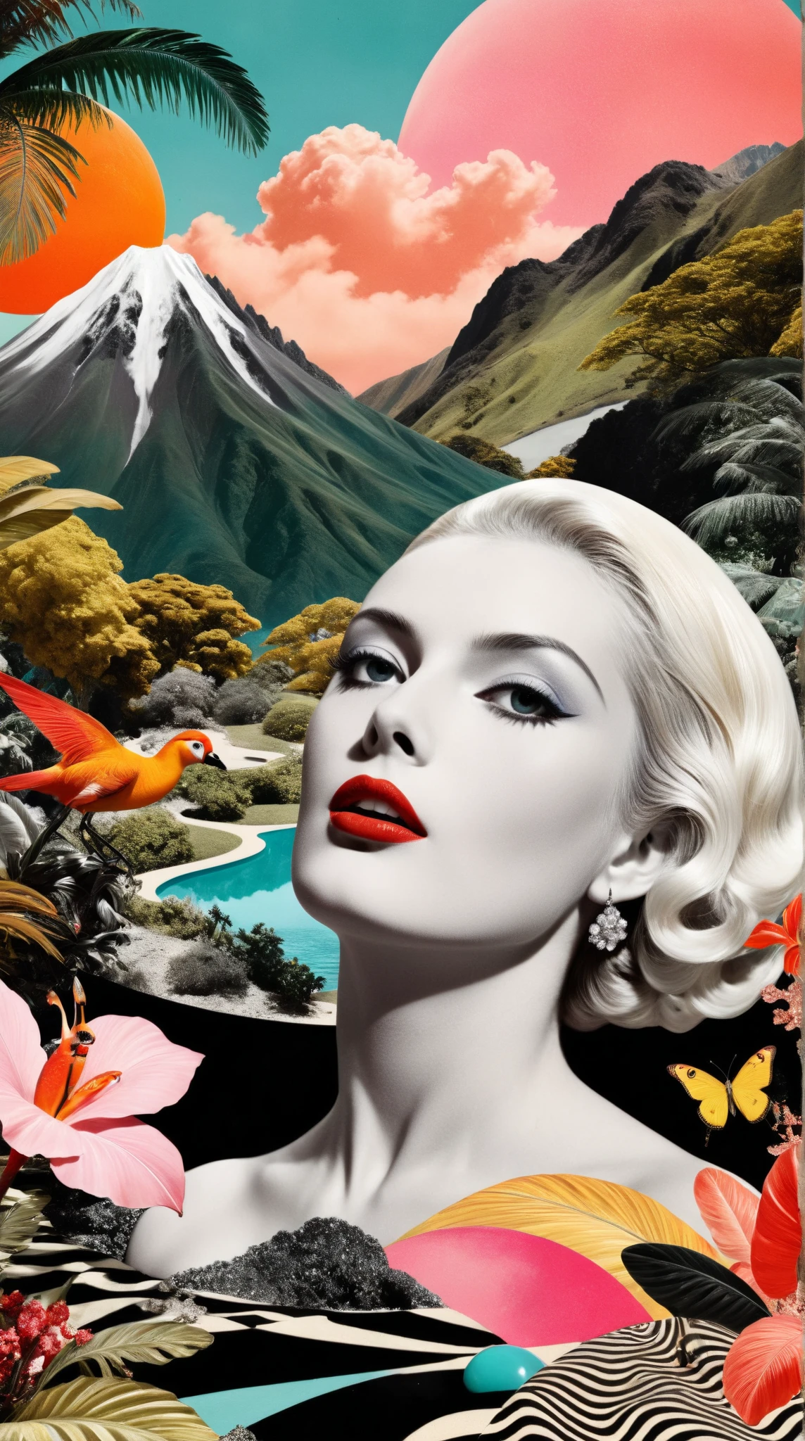 Create a high-contrast surreal collage that blends dreamy elements of paradise, incorporating vibrant colors and intricate details. Feature stunning landscapes inspired by 1950s movies, showcasing beautiful faces and captivating figures. Emphasize a sense of elegance and fantasy, evoking a breathtaking and fascinating atmosphere.