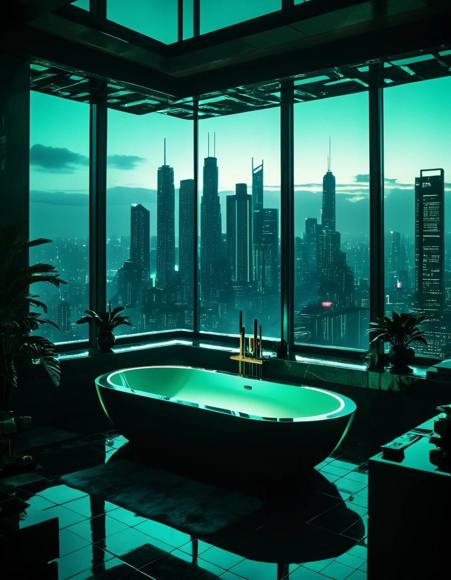  the bathroom has a bathtub with city views , extremely rich,  blade runner's apartment , ,  luxurious setting ,  in a tropical and dystopian city , penthouse , luxury,  blade runner vibes , Urban Jungle,  Blade Runner aesthetics , perfect maximalist composition ,  dramatic green lighting , rich, gotham setting 