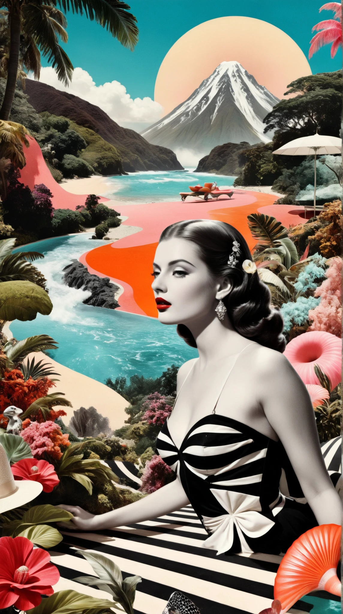 Create a high-contrast surreal collage that blends dreamy elements of paradise, incorporating vibrant colors and intricate details. Feature stunning landscapes inspired by 1950s movies, showcasing beautiful faces and captivating figures. Emphasize a sense of elegance and fantasy, evoking a breathtaking and fascinating atmosphere.