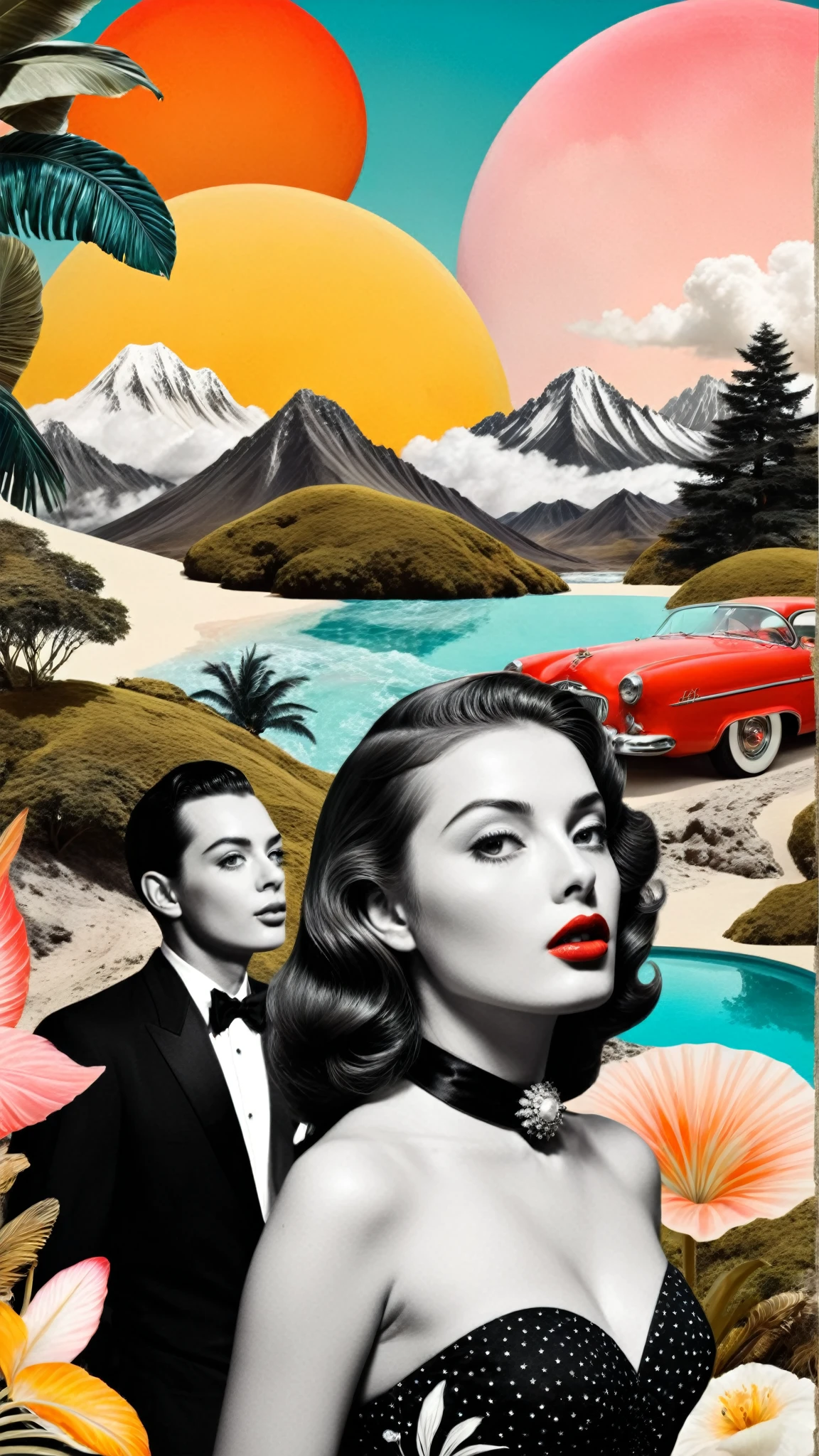 Create a high-contrast surreal collage that blends dreamy elements of paradise, incorporating vibrant colors and intricate details. Feature stunning landscapes inspired by 1950s movies, showcasing beautiful faces and captivating figures. Emphasize a sense of elegance and fantasy, evoking a breathtaking and fascinating atmosphere.