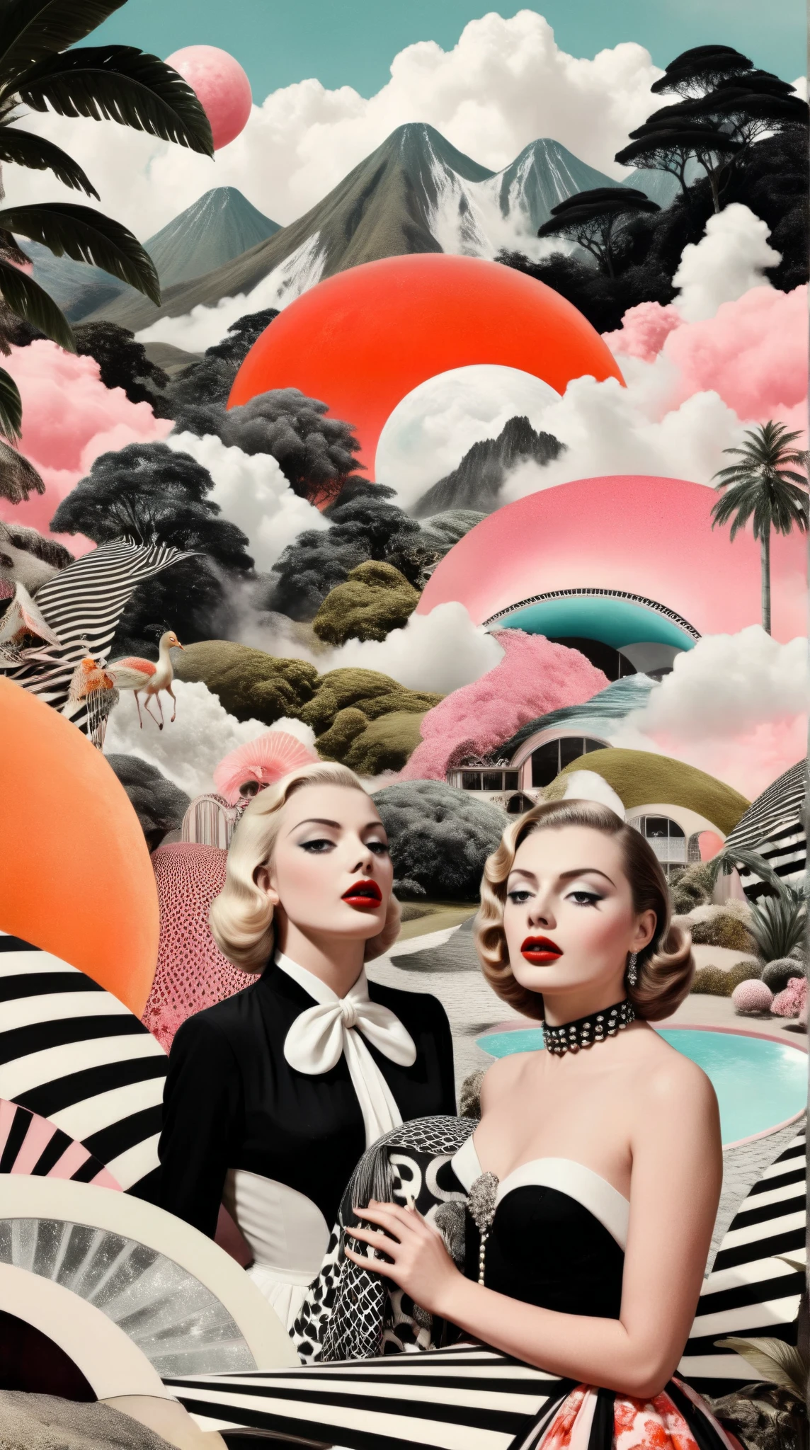 Create a high-contrast surreal collage that blends dreamy elements of paradise, incorporating vibrant colors and intricate details. Feature stunning landscapes inspired by 1950s movies, showcasing beautiful faces and captivating figures. Emphasize a sense of elegance and fantasy, evoking a breathtaking and fascinating atmosphere.