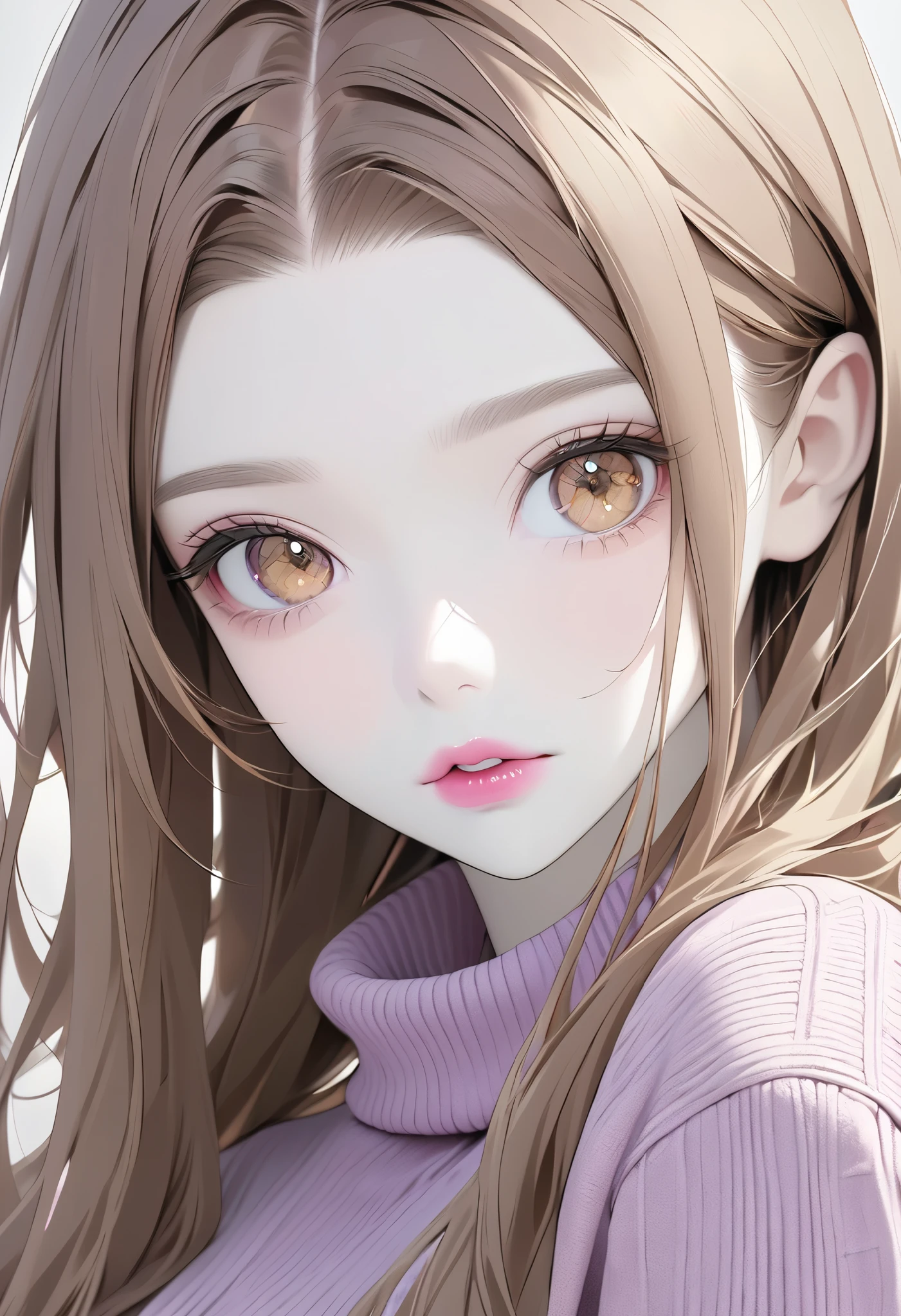 Girl, long soft brown hair, golden brown eyes, sharp features, white skin, pink lips, perfect, purple sweater.