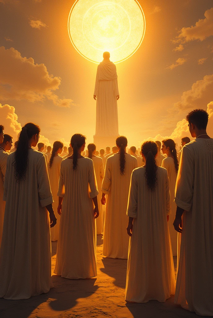 O Arrebatamento ,Thousands of people are floating in the air,Standing on the clouds, Thousands of people are dressed in white, Raise your hands and sing hymns to praise God. The scenes are magnificent and surreal. (best quality, 4k, 8k, alta resolução, master part:1.2), ultra-detalhado, (realisitic, fotorrealista, Realista:1.37), Retrato de um, vivid colors, studio lit, foco nítido, physics based rendering, extreme detail description, Bible Topics, Grande ambiente, luz radiante.